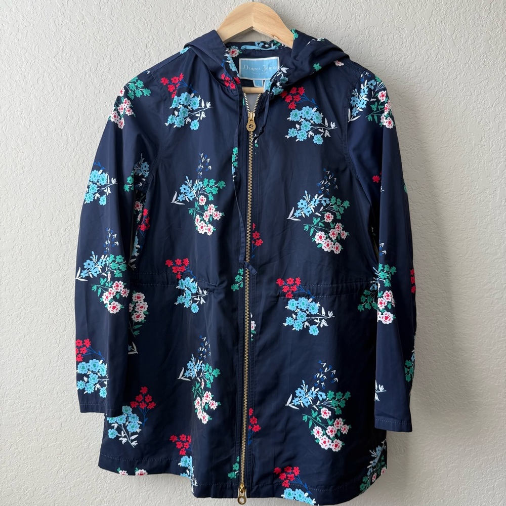Draper James Navy Floral Rain Jacket with Adjustable Waist‎ Size 0